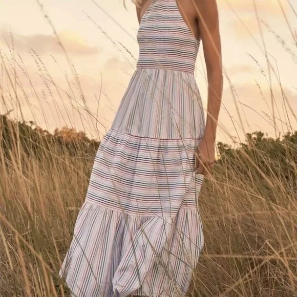 Ella Striped Smocked Strappy Open Back Tiered Maxi Dress - Picture 3 of 8